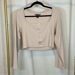 Light Blush Ribbed Long Sleeve Crop Top with satin hook & eye detail